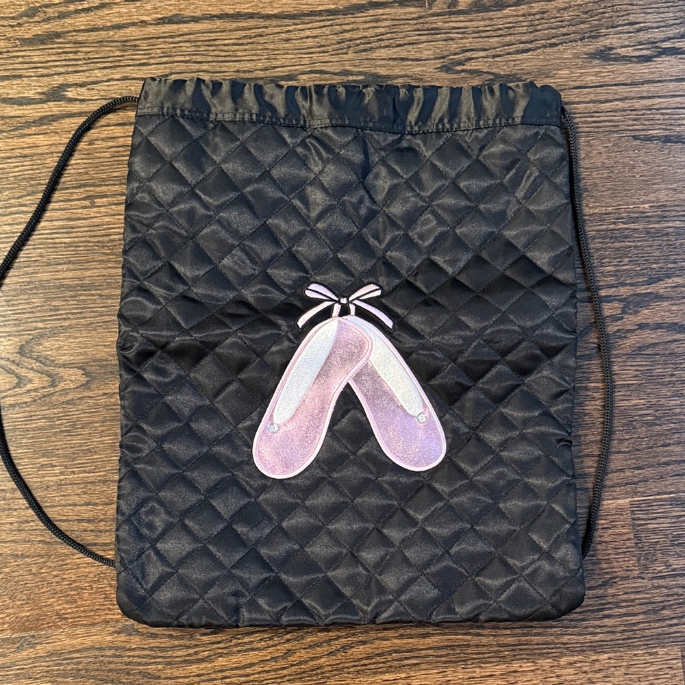 Quilted Drawstring Bag with Ballet Slipper Patch - Black and Pink